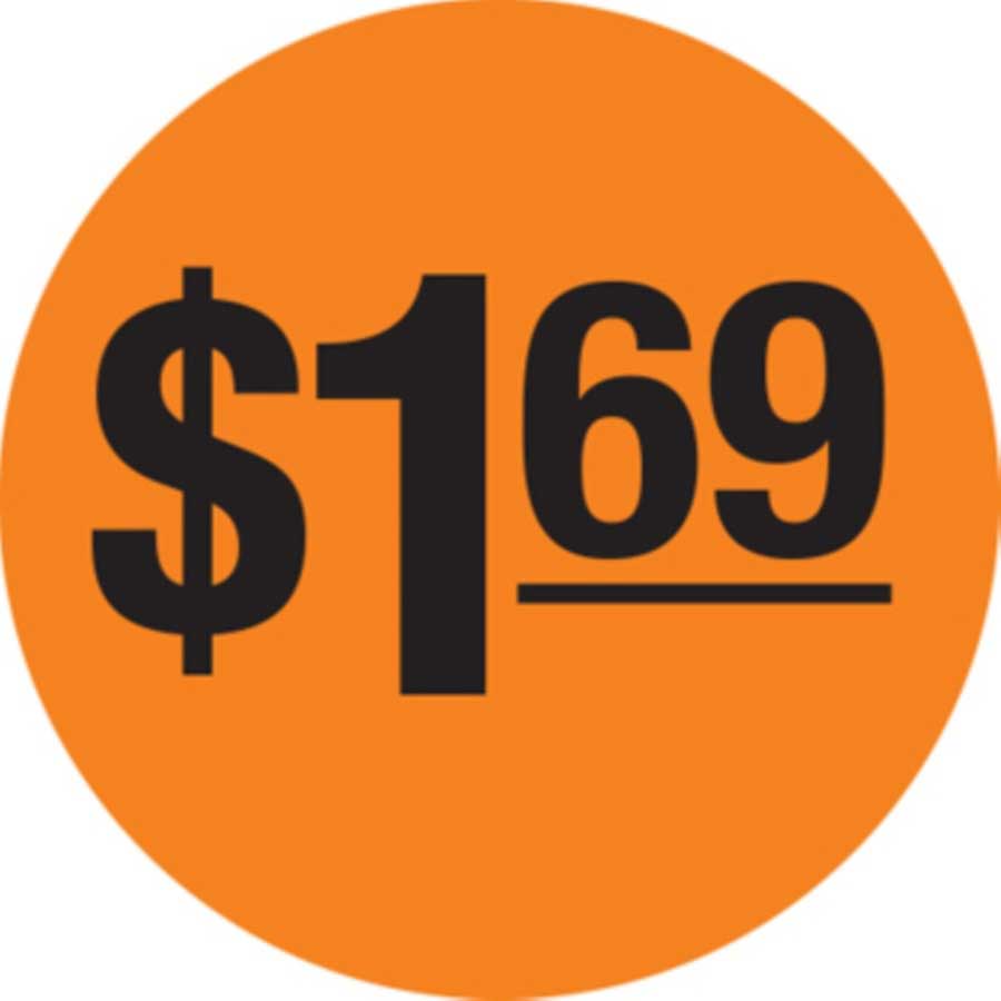 Adhesive Label, Circle Red Glo Dollar $1.69 Pre-priced Label, 1.5 Inch -- 1000 Per Case