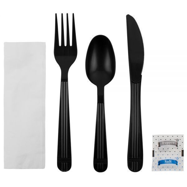 Karat Plastic Black Heavy Weight Cutlery Kits With Salt And Pepper -- 250 Per Case