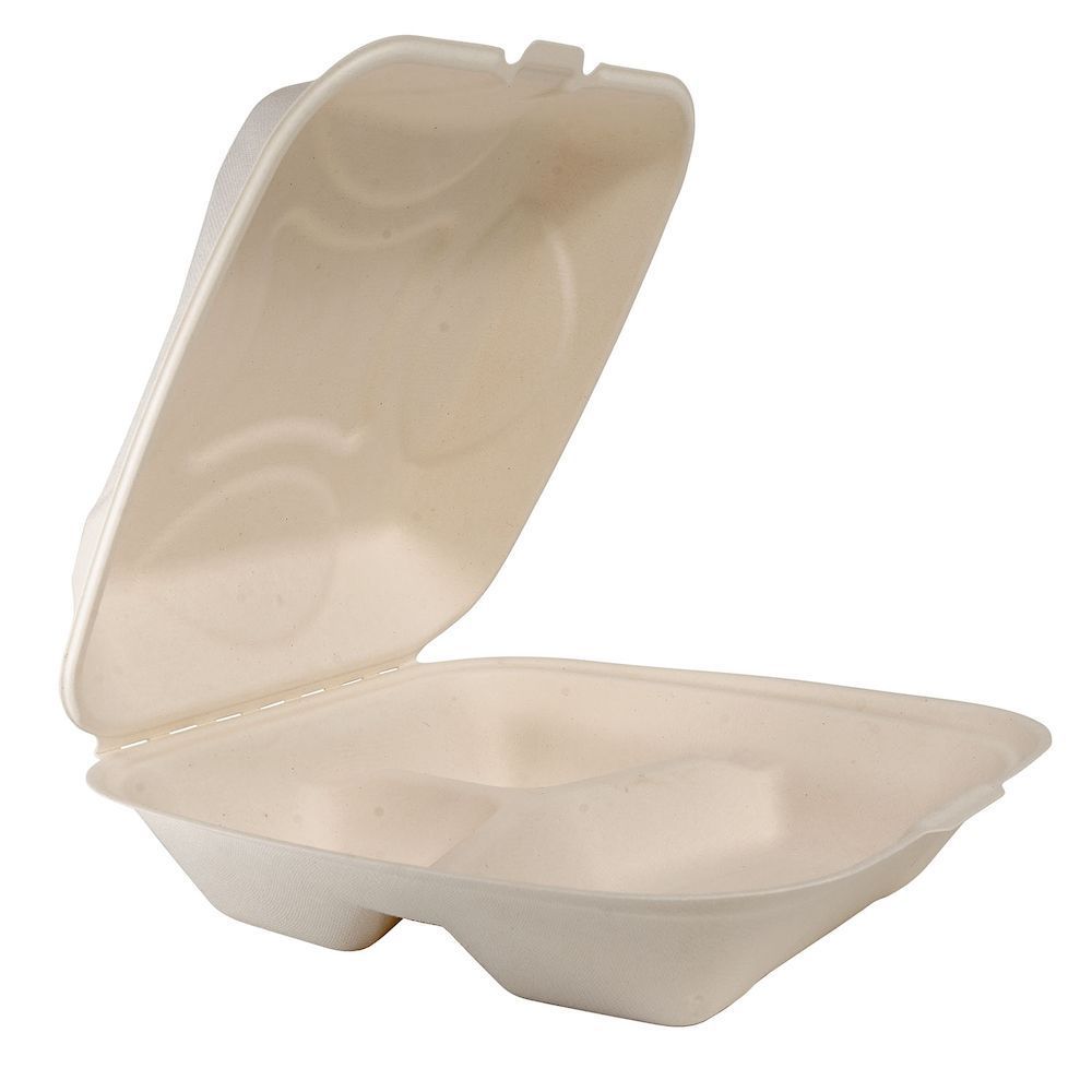 BluTable 21 oz Portable Clamshell Containers - Food Storage, Food - Natural - Molded Fiber, Sugarcane Fiber Body - 500 / Carton