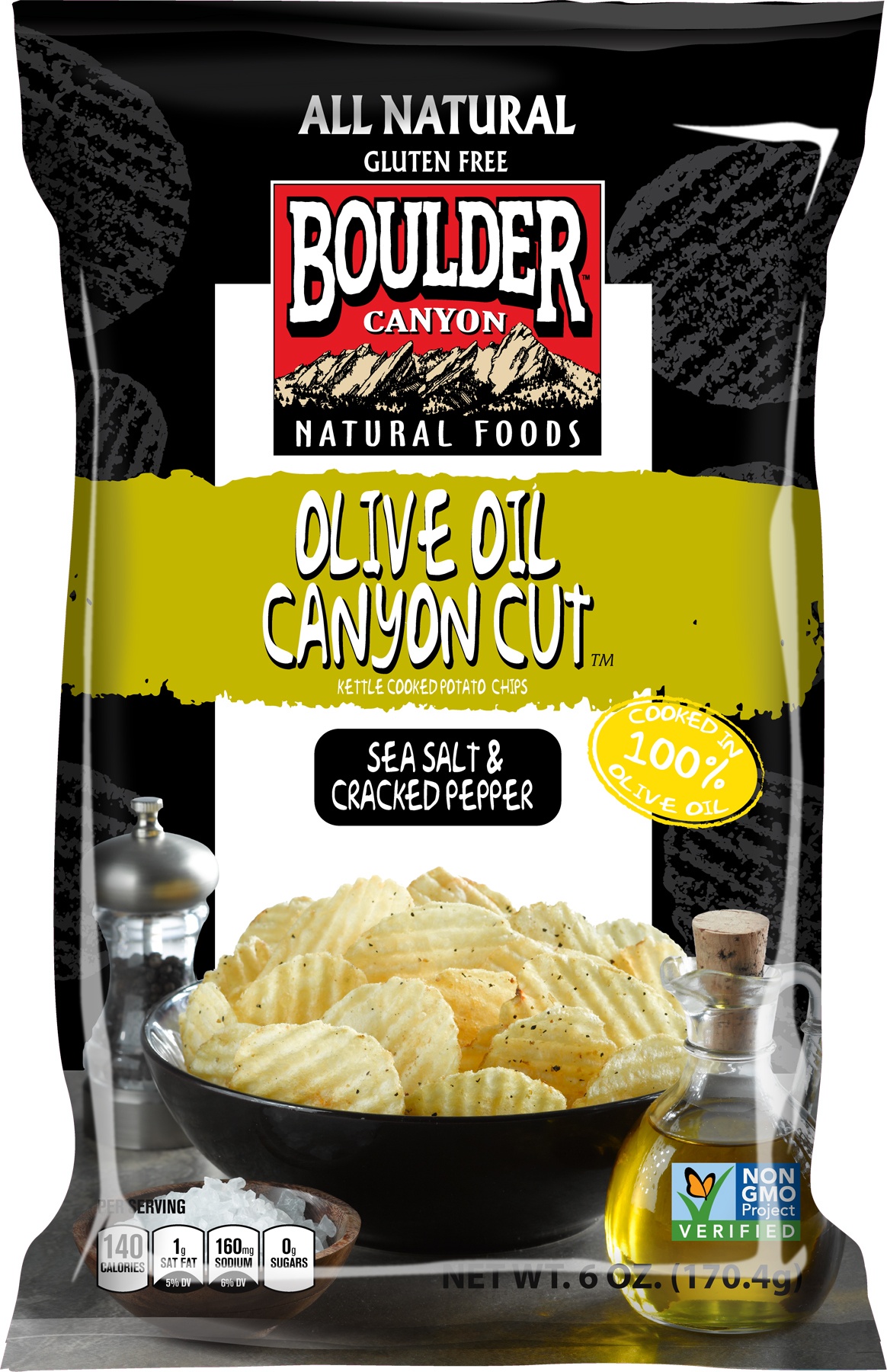 Boulder Canyon Cut Kettle Cooked Sea Salt and Pepper Olive Oil Chips, 6 Ounce -- 12 per case