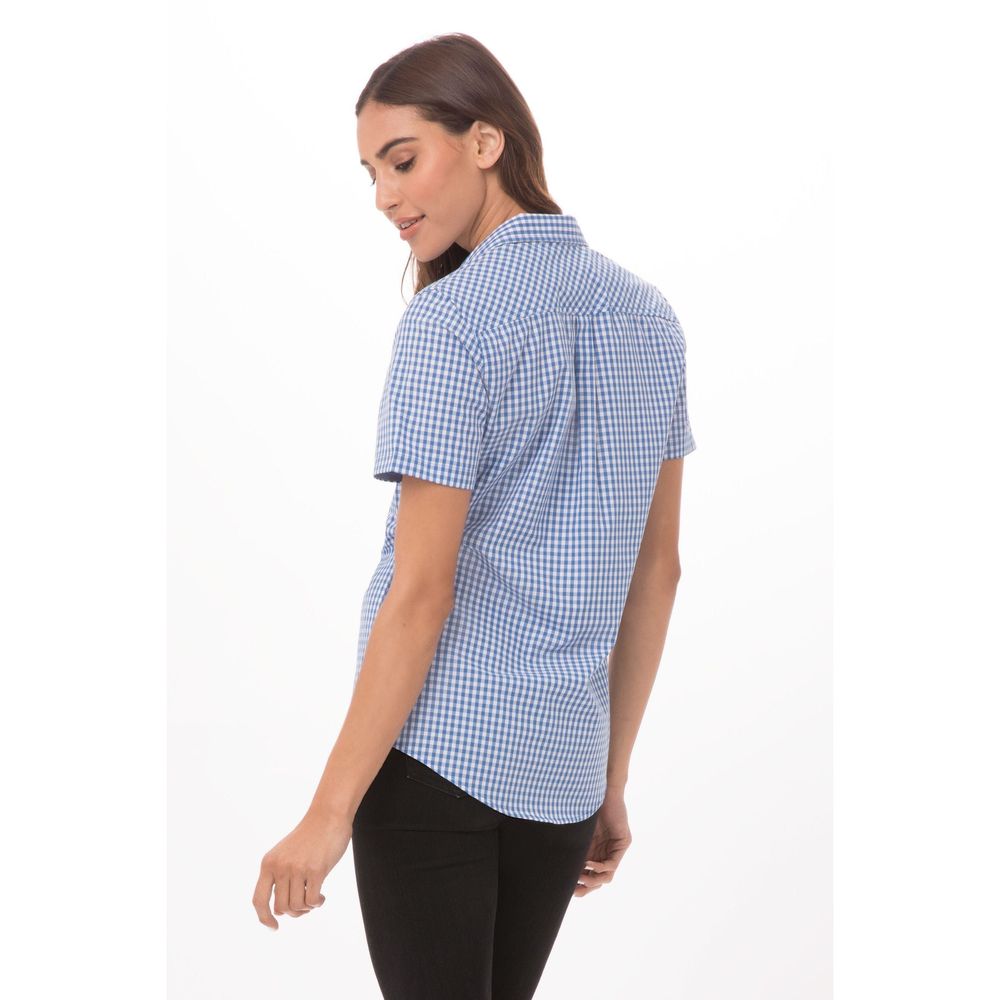Chef Works Blue Small Modern Gingham Short Sleeve Dress Shirt for Women