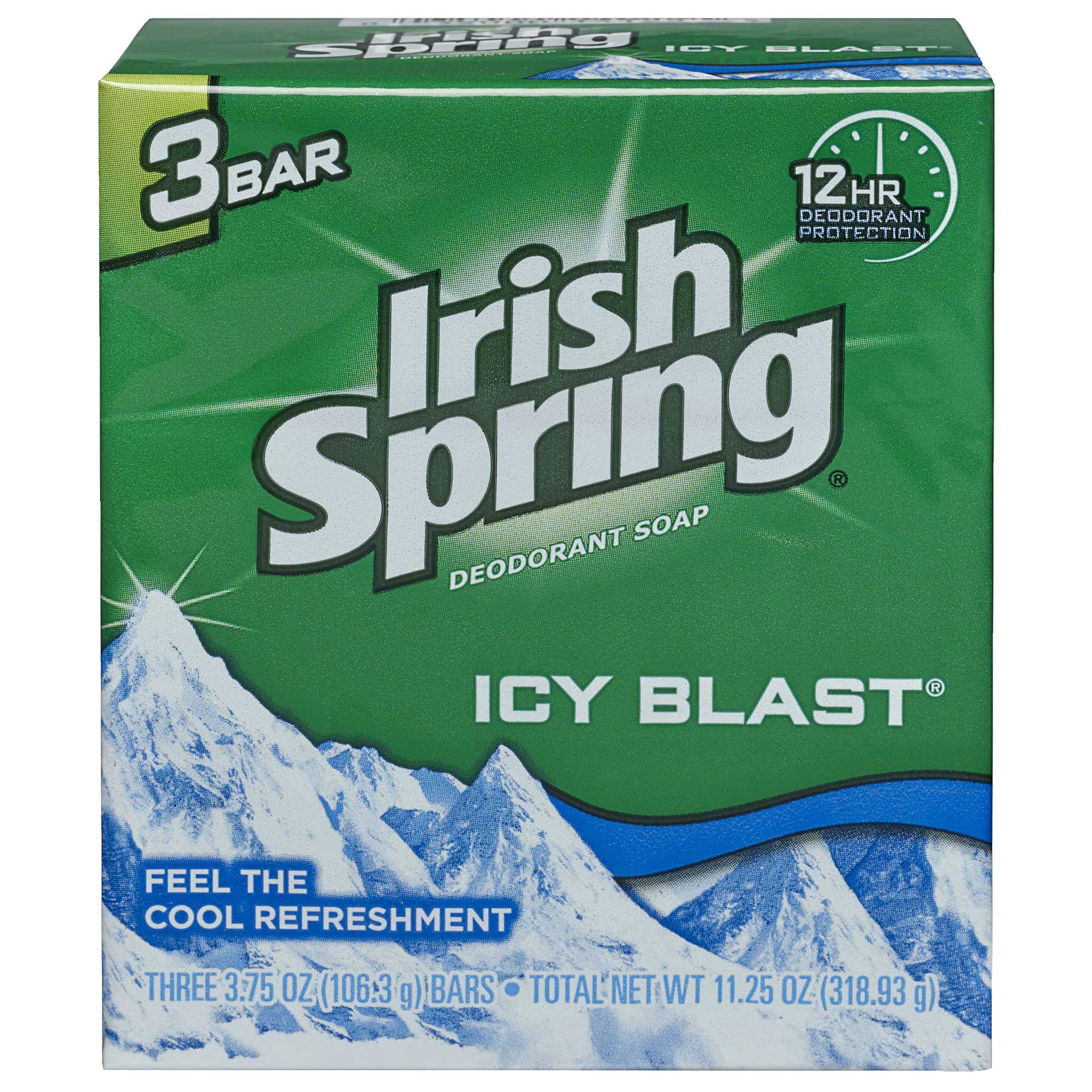 Irish Spring Icy Blast Deodorant Bar Soap, 11.25 Ounce, 3 Count -- 18 Per Case