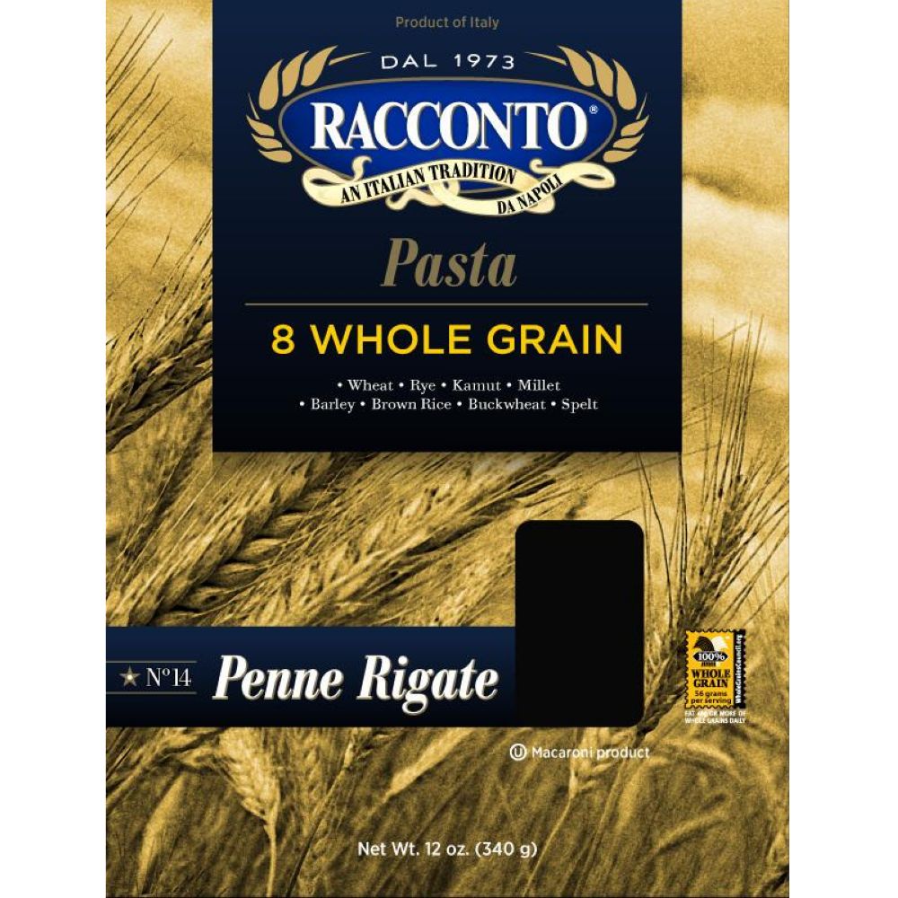 Racconto 8 Whole Grain Penne Rigate Pasta, 12 Ounce -- 12 per case.