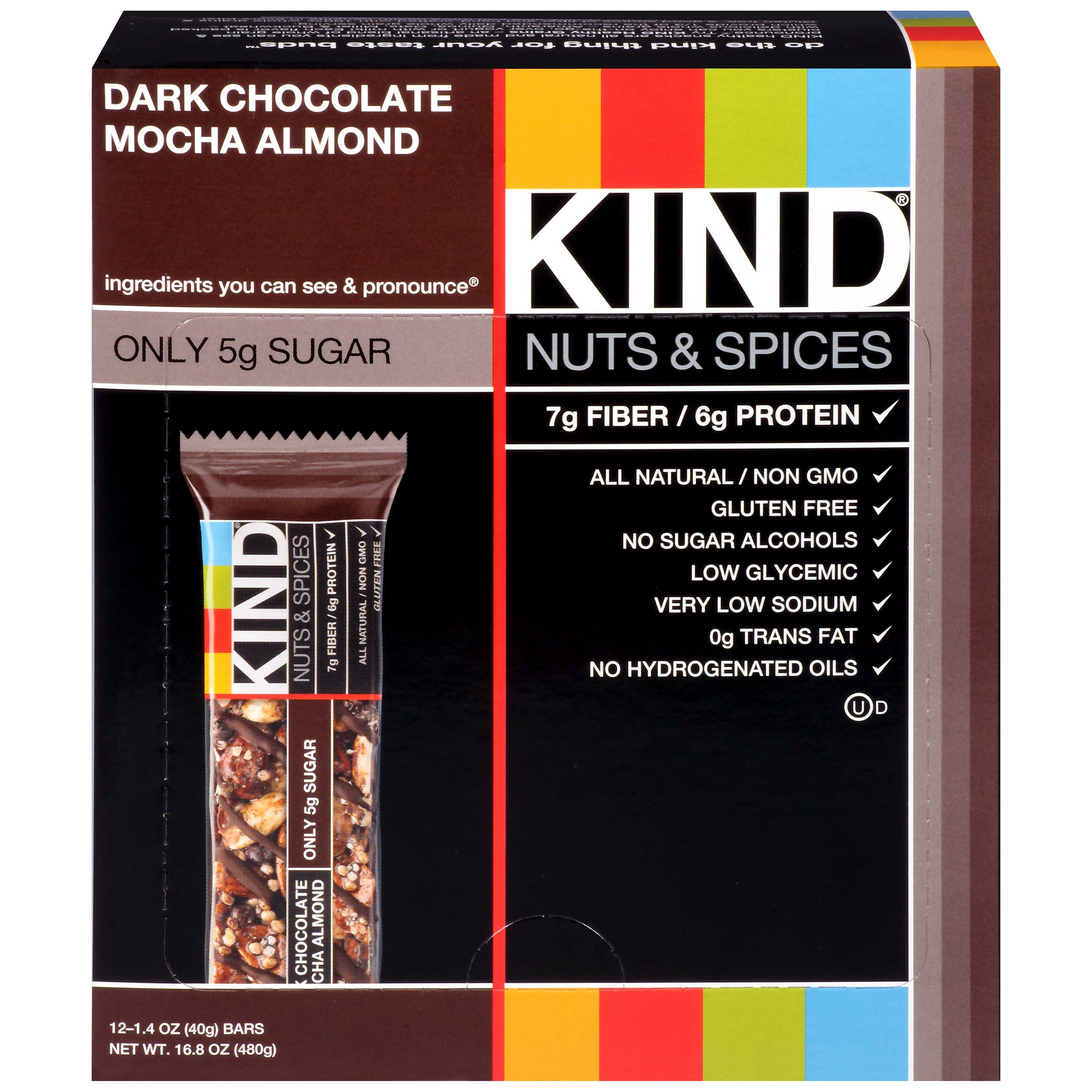 Nuts and Spices Bar, Dark Chocolate Mocha Almond, 1.4 oz Bar, 12/Box