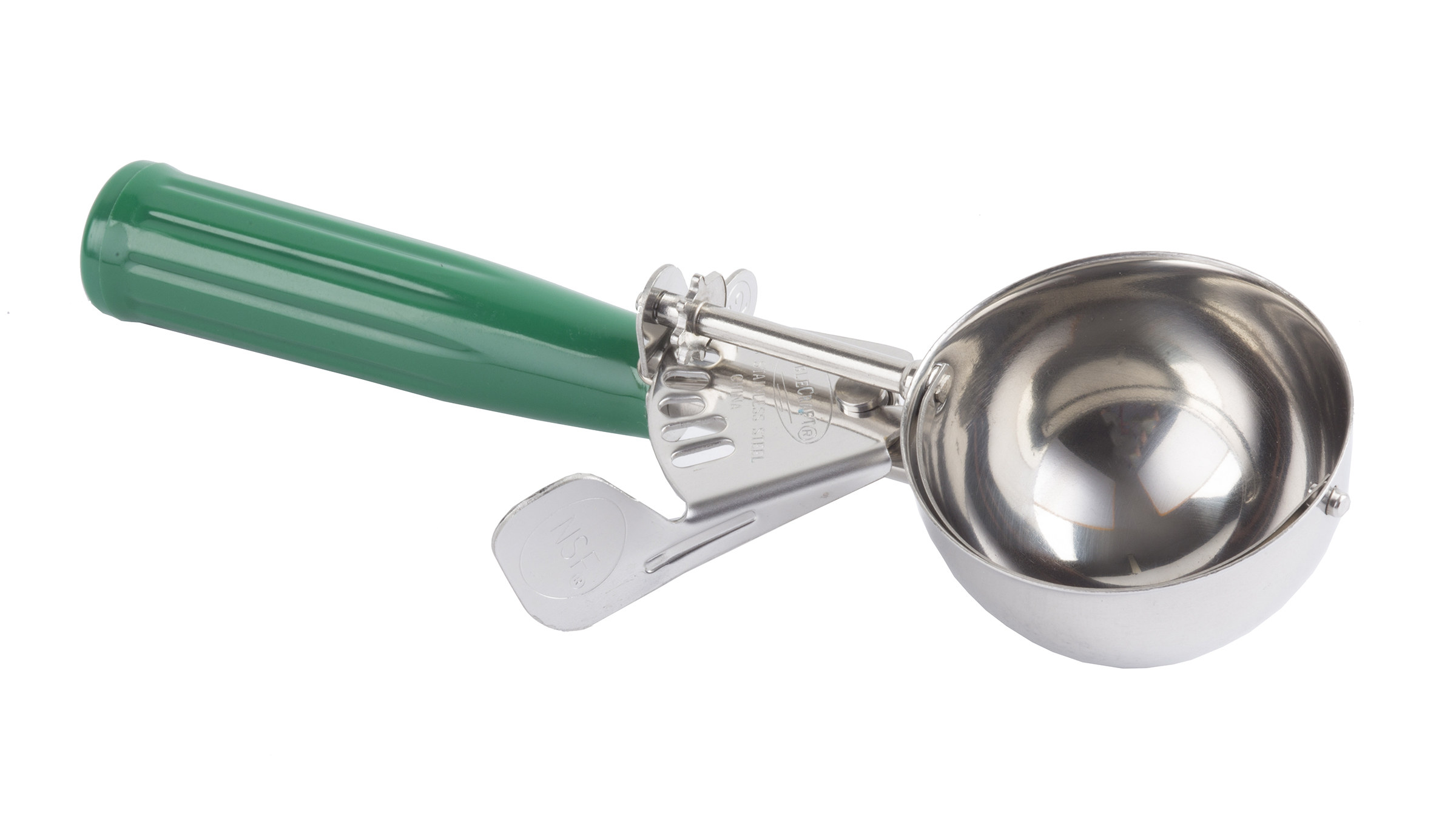 Tablecraft 18/8 Stainless Steel Green Size 12 Thumb Press Ice Cream Food Disher With Polyethylene Handle, 3 Ounce Capacity