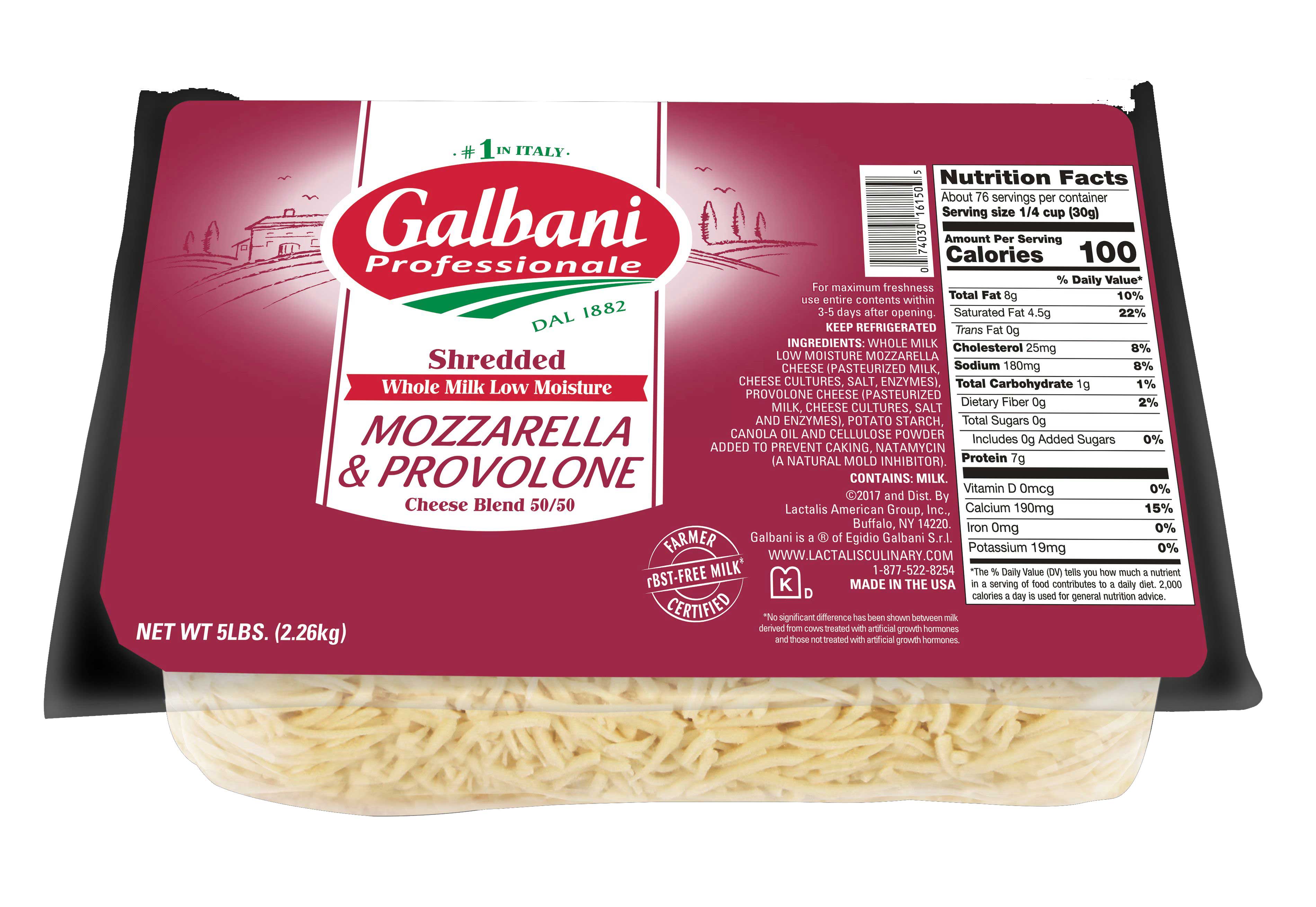 Galbani Professionale Low Moisture Whole Muscle Milk Regular Shredded Mozzarella/provolone Blend Cheese, 5 Pound -- 6 Per Case