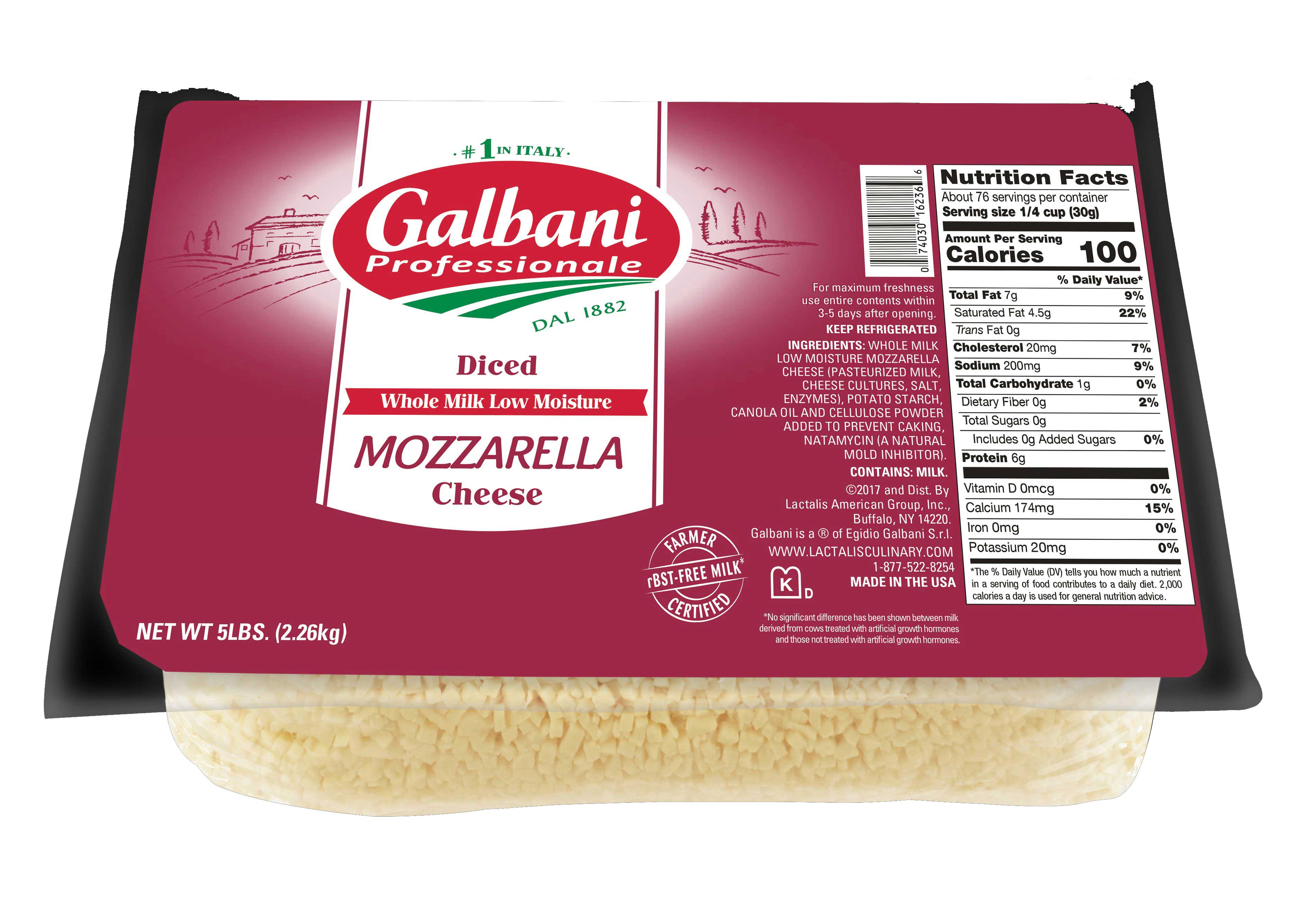 Galbani Whole Milk Low Moisture Diced Mozzarella Cheese, 5