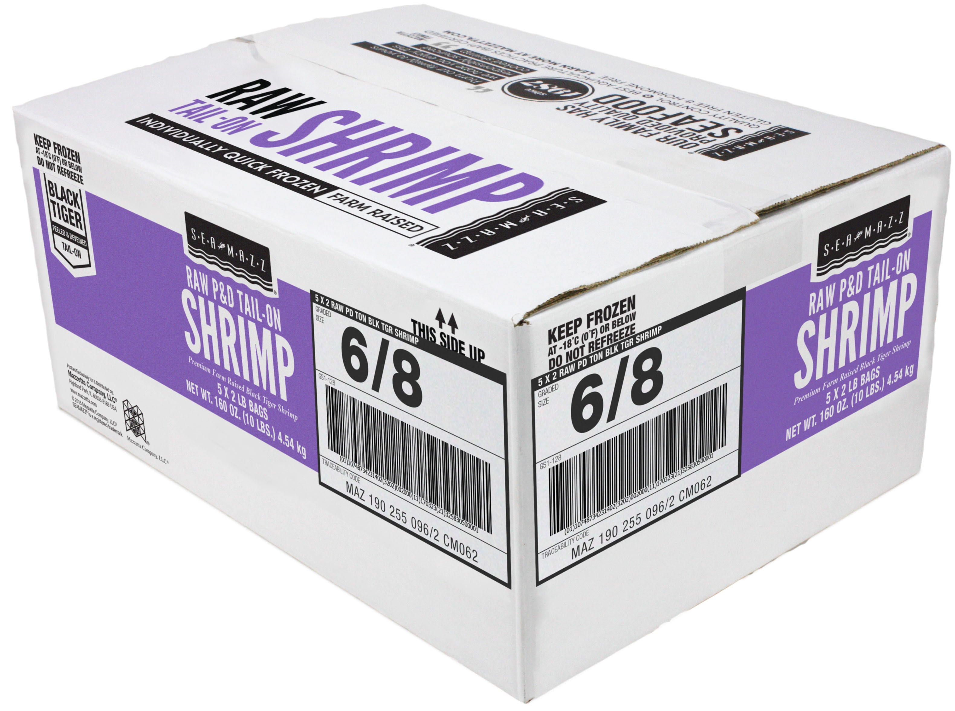 Seamazz 6 to 8 Ounce Raw Tail On Tiger Shrimp, 2 Pound -- 5 per case.