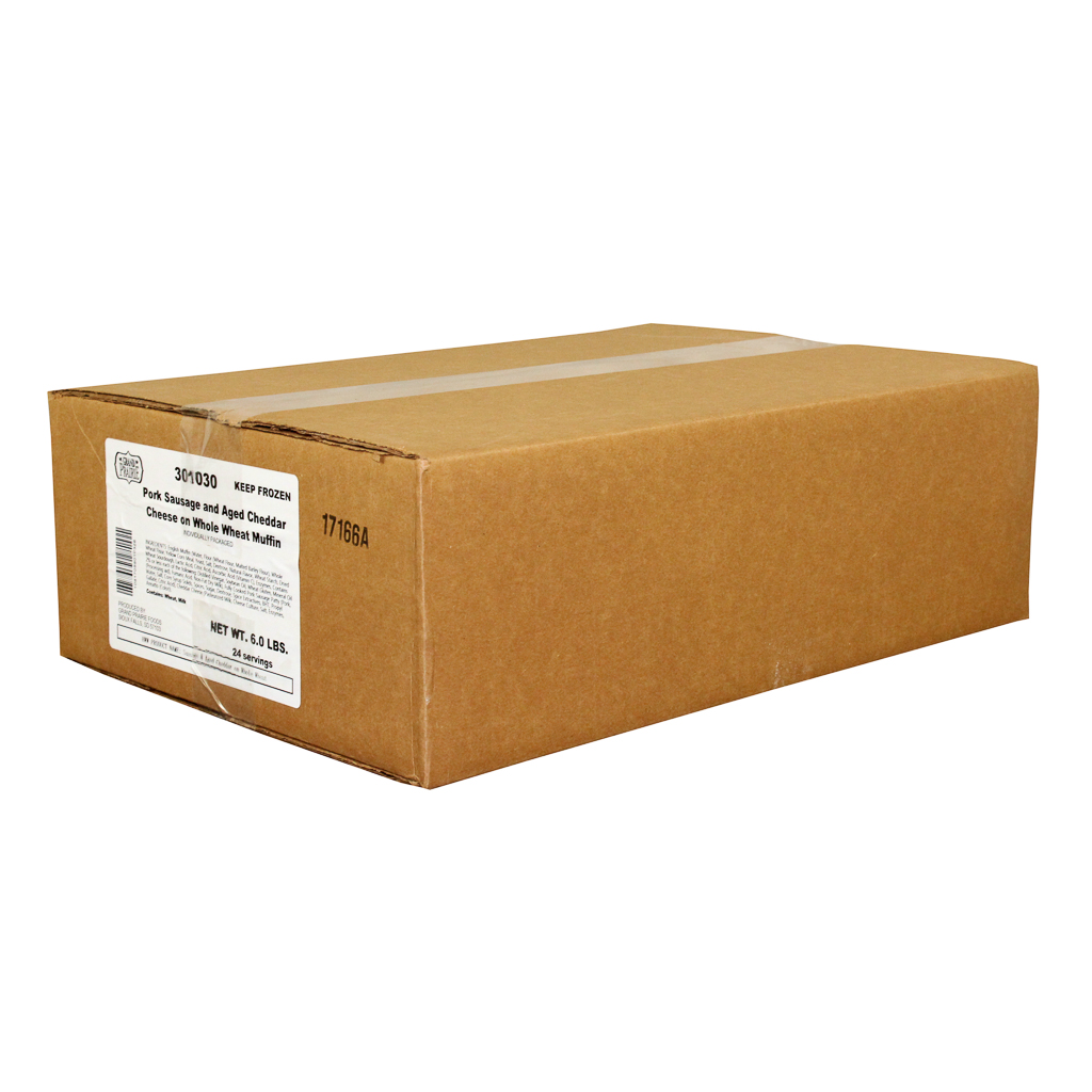 Grand Prairie Pork Sausage and Aged Cheddar Cheese Whole Wheat Muffin, 4 Ounce -- 24 per case.