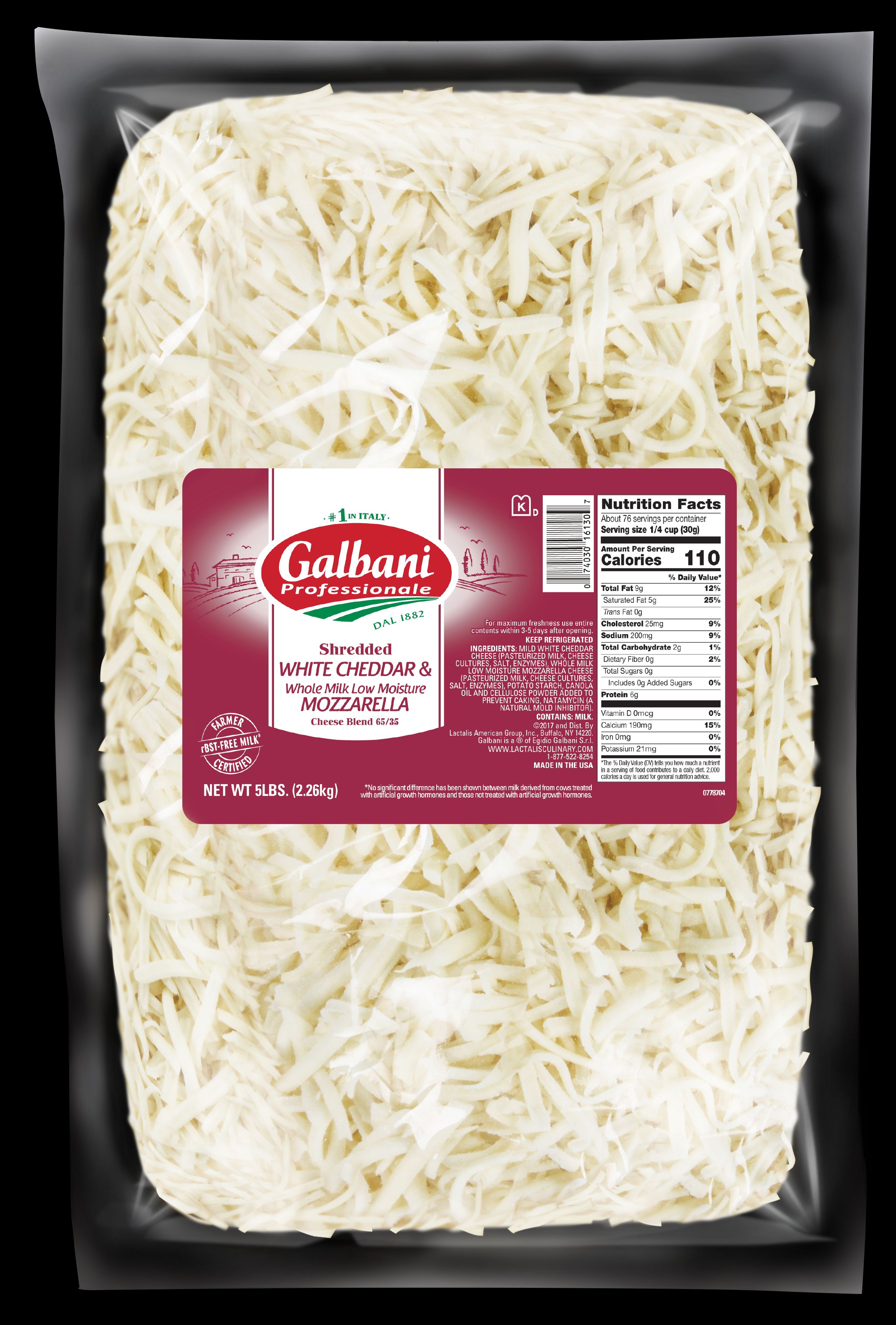 Galbani Professionale Low Moisture White Cheddar/Whole Milk Regular Shredded Mozzarella Cheese, 5 Pound -- 6 per case
