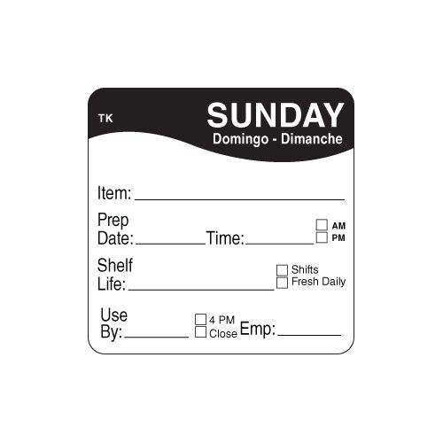 Daymark Toughmark Sunday 2 X 2 Inch Day Of The Week Labels, 500 Count -- 576 Per Case