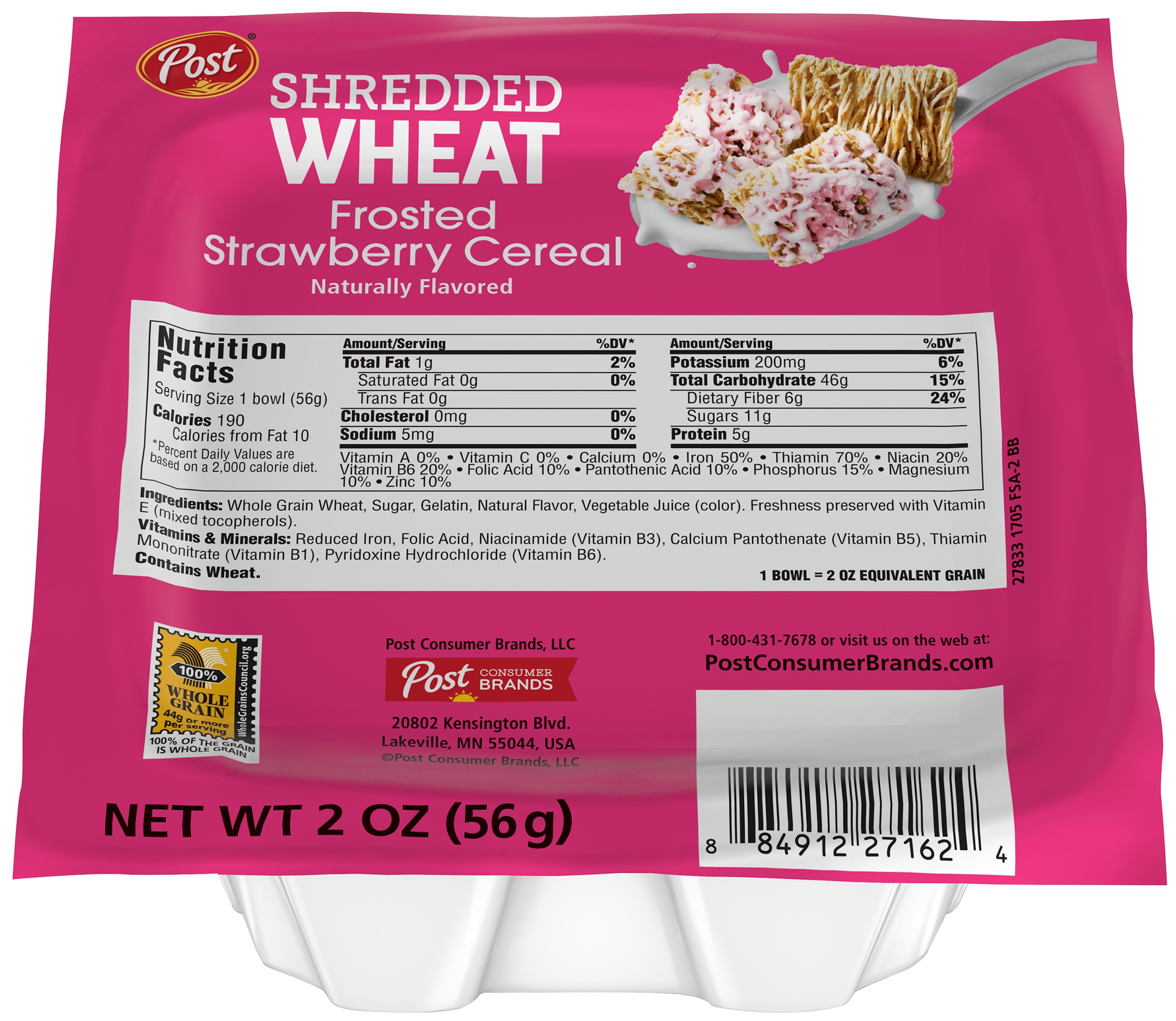 Post Shredded Wheat Frosted Strawberry Cereal, 2 Ounce -- 48 per case.