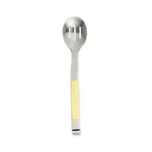 Alegacy Orbit Stainless Steel Slotted Serving Spoon - Gold Trim Handle, 11 7/8 inch.
