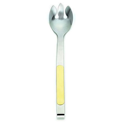 Alegacy Orbit Stainless Steel Notched Salad Spoon - Gold Trim Handle, 11 7/8 inch.