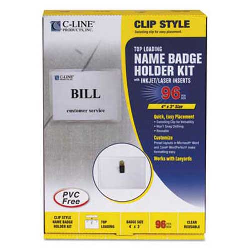 C-Line Name Badge Kits, Top Load, 4 x 3, White, Clip Style, 96/Box ...
