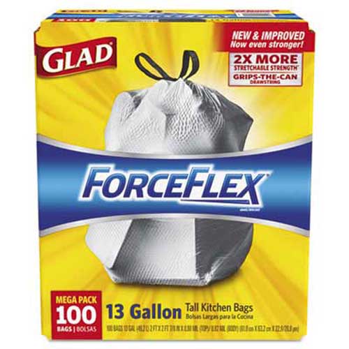 Glad Forceflex 13 Gallon 0.9 Mil White Tall Kitchen Drawstring Bags, 24 X 25.13 Inch -- 100 Per Case