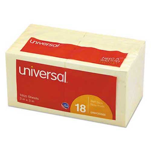 Universal Standard SelfStick Notes, 3 x 3, Yellow, 12 100Sheet Pads/Pack