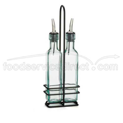 Tablecraft Prima Collection 8.5 Ounce Green Tinted Glass Oil And Vinegar Bottle With Black Powder Coated Metal Rack, 4.375 X 2.375 X 12.5 Inch -- 6 Per Case