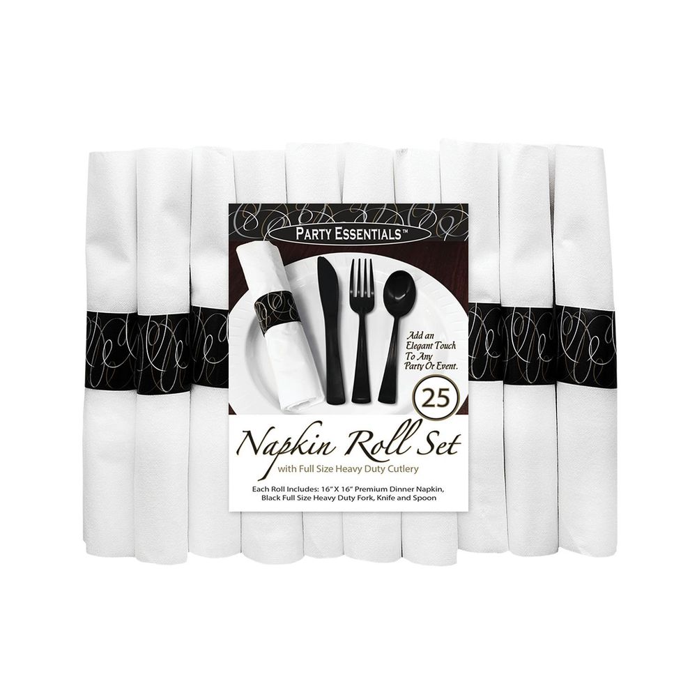 Northwest Enterprises Party Essentials Napkin Roll With Black Cutlery Box Set -- 300 Set Per Case