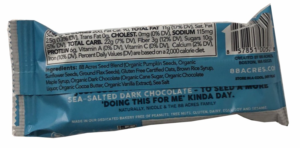 88 Acres Dark Chocolate Sea Salt Seed Bar, 9 Bars Count -- 6 Per Case
