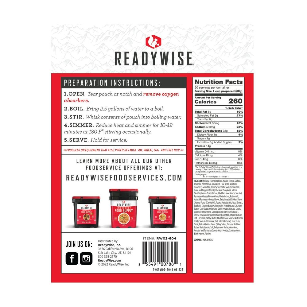 Readywise Pasta Alfredo With Chicken, 50 Servings -- 4 Per Case