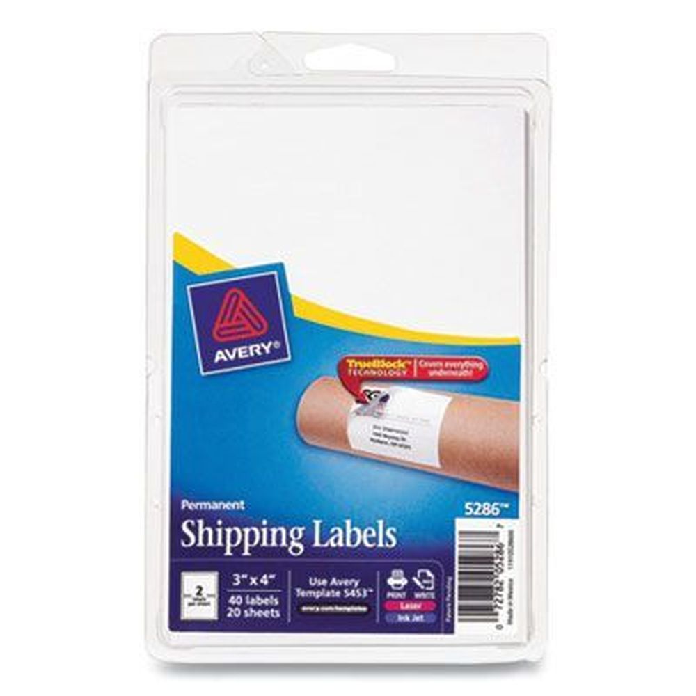 Avery White Shipping Labels With Trueblock Technology For Inkjet/laser Printers, 4 X 3 Inch - 2 Per Sheet -- 20 Sheets Per Pack