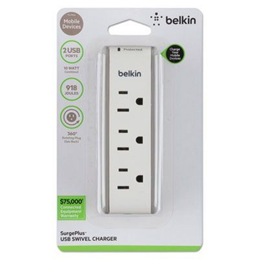 Belkin White Surgeplus Usb Swivel Charger With 3 Outlets And 2 Usb Ports, 3.25 X 1.63 Inch