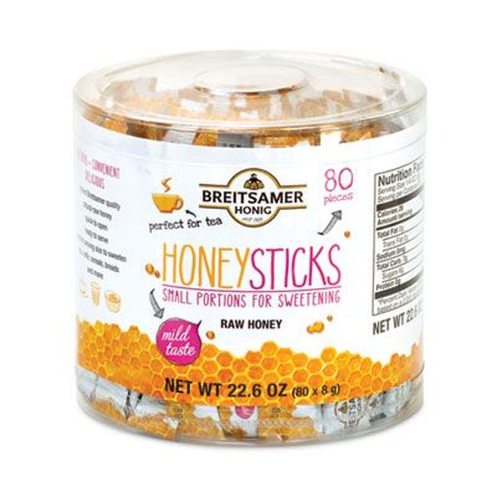 Breitsamer Honig 0.28 Ounce Raw Honey Sticks, 80 Sticks Per Tub