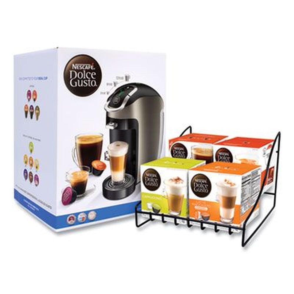 NESCAFE Dolce Gusto Black Silver Genio 2 with Four Gusto Coffee and Rack Bundle