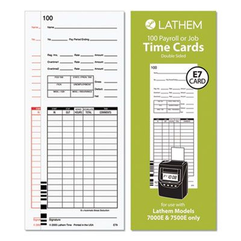Time Clock Cards for Lathem Time 7000E/7500E, Two Sides, 3.38 x 8.78, 100/Pack Time Clock Cards for Lathem Time 7000E/7500E, Two Sides, 3.38 x 8.78, 100/Pack