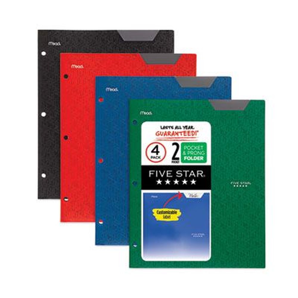 Five Star Assorted Two-pocket Stay-put Plastic Folder, 11 X 8.5 Inch -- 4 Per Pack