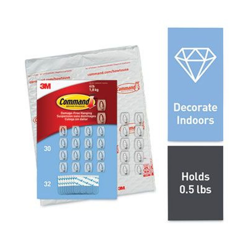 Command Clear Plastic Mini Hooks, 0.5 Pound Capacity - 30 Hooks And 32 Strips Per Pack
