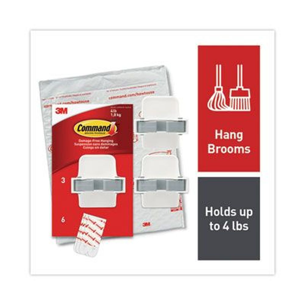 Command White/gray Broom Gripper, 3.12 X 1.85 X 3.34 Inch - 3 Grippers And 6 Strips Per Pack