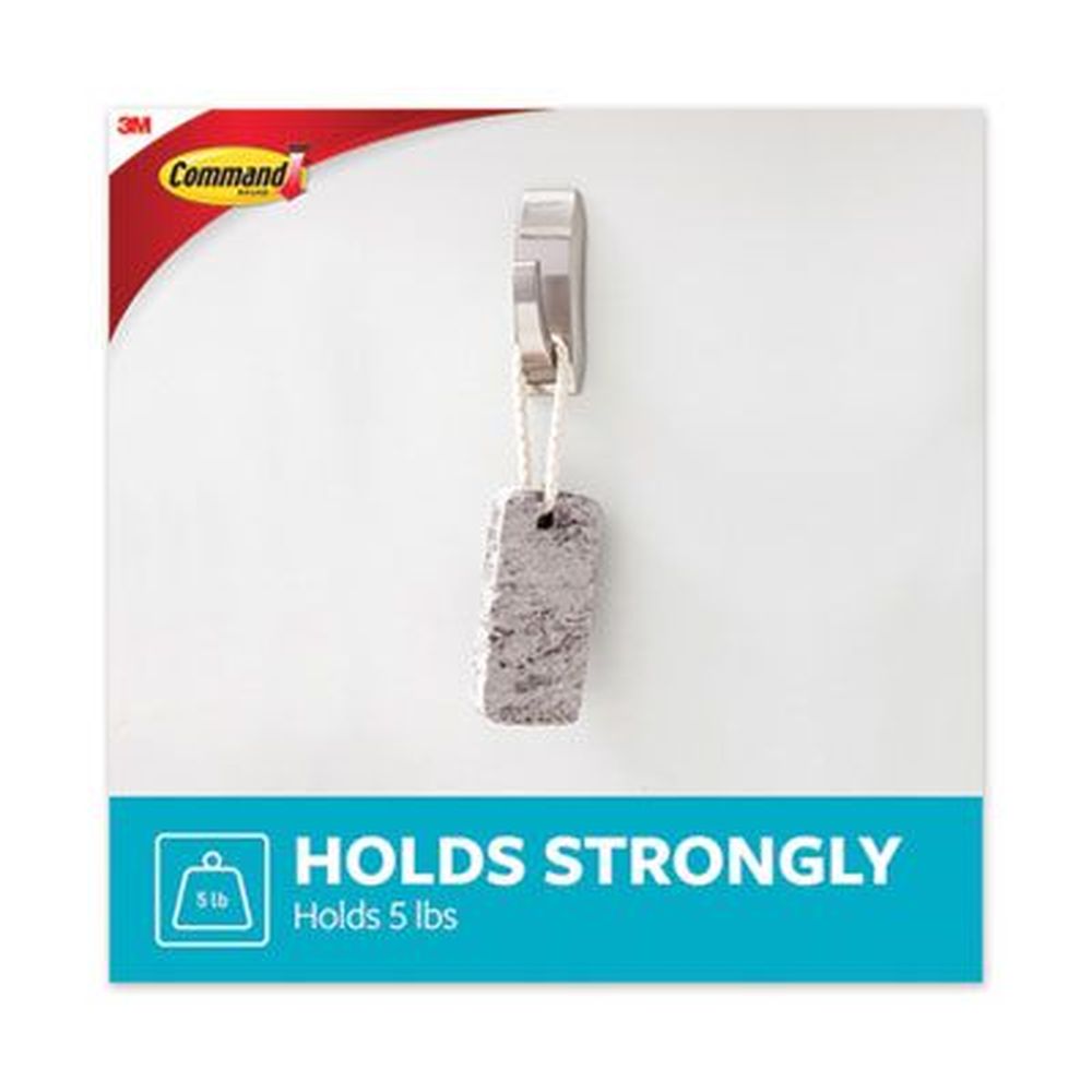 Command Large Metal Satin Nickel Bath Hook, 5 Pound Capacity - 1 Hook And 2 Strips Per Pack