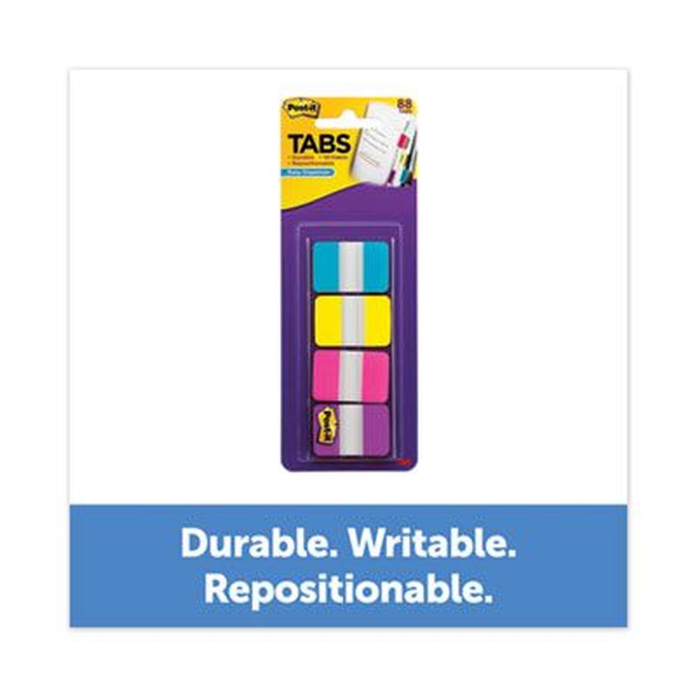 Post-it 1 Inch Wide Aqua Pink Violet Yellow Tabs With Dispenser -- 88 Per Pack