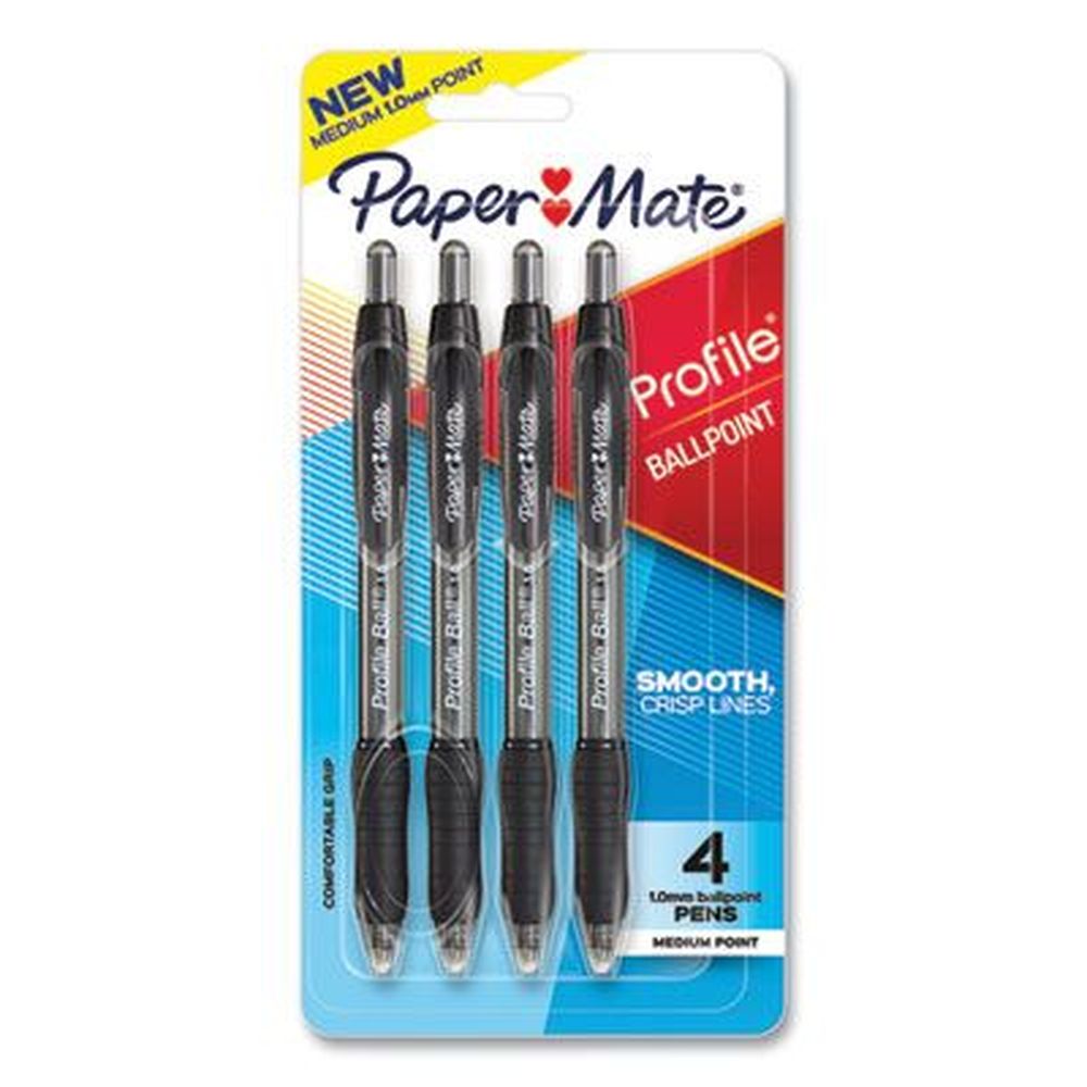 Paper Mate Profile Medium 1 Mm Retractable Translucent Black Barrel Ballpoint Pen -- 4 Per Pack