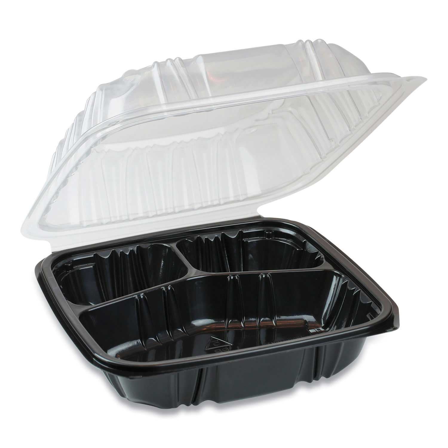 Pactiv EarthChoice Black and Clear 3 Compartment Hinged Lid Takeout