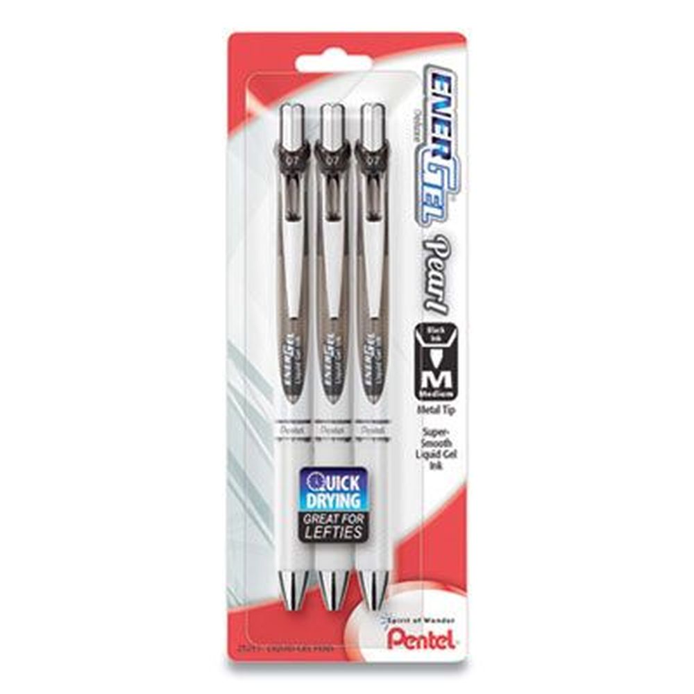 Pentel Energel Medium 0.7 Mm Retractable Black Ink White/black Barrel Pearl Gel Pen -- 3 Per Pack