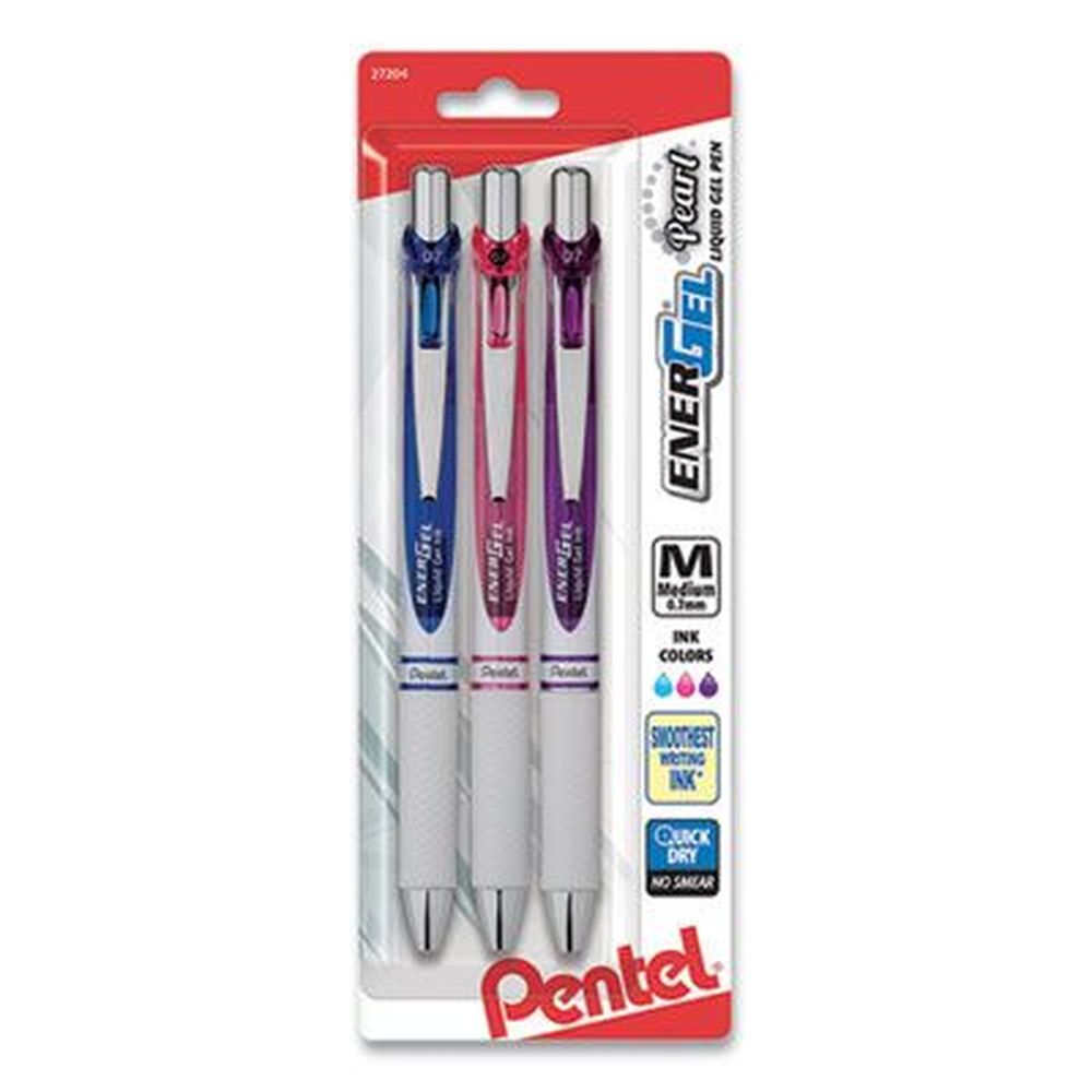 Pentel Energel Medium 0.7 Mm Retractable Assorted Ink And Barrel Pearl Gel Pen -- 3 Per Pack
