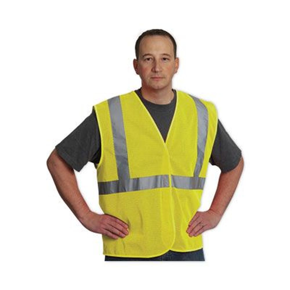 ANSI Class 2 Four Pocket Zipper Safety Vest, Polyester Mesh, Large, Hi-Viz Lime Yellow
