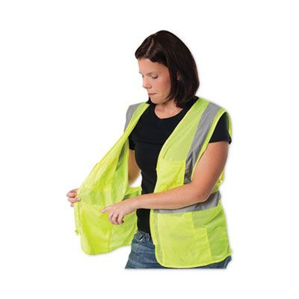 ANSI Class 2 Four Pocket Zipper Safety Vest, Polyester Mesh, Large, Hi-Viz Lime Yellow