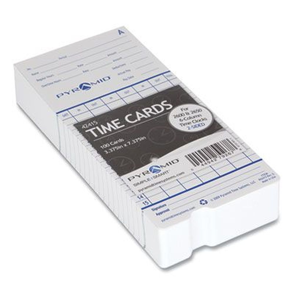 Time Clock Cards for Pyramid Technologies 2000/6000, Two Sides, 3.38 x 7.44, 100/Pack Time Clock Cards for Pyramid Technologies 2000/6000, Two Sides, 3.38 x 7.44, 100/Pack