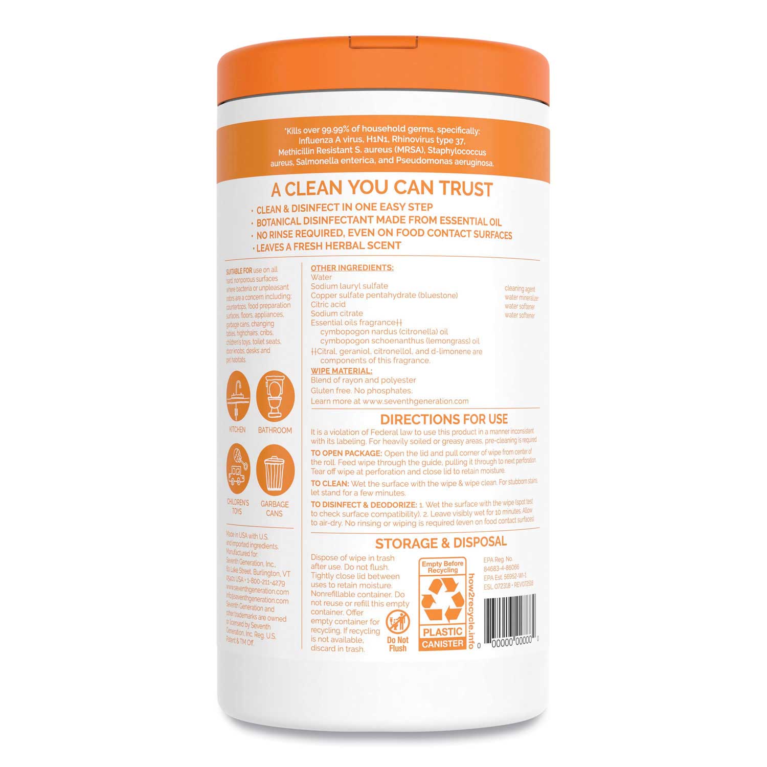 Seventh Generation Multi Surface Disinfecting Wipe, 70 Count -- 1 Each