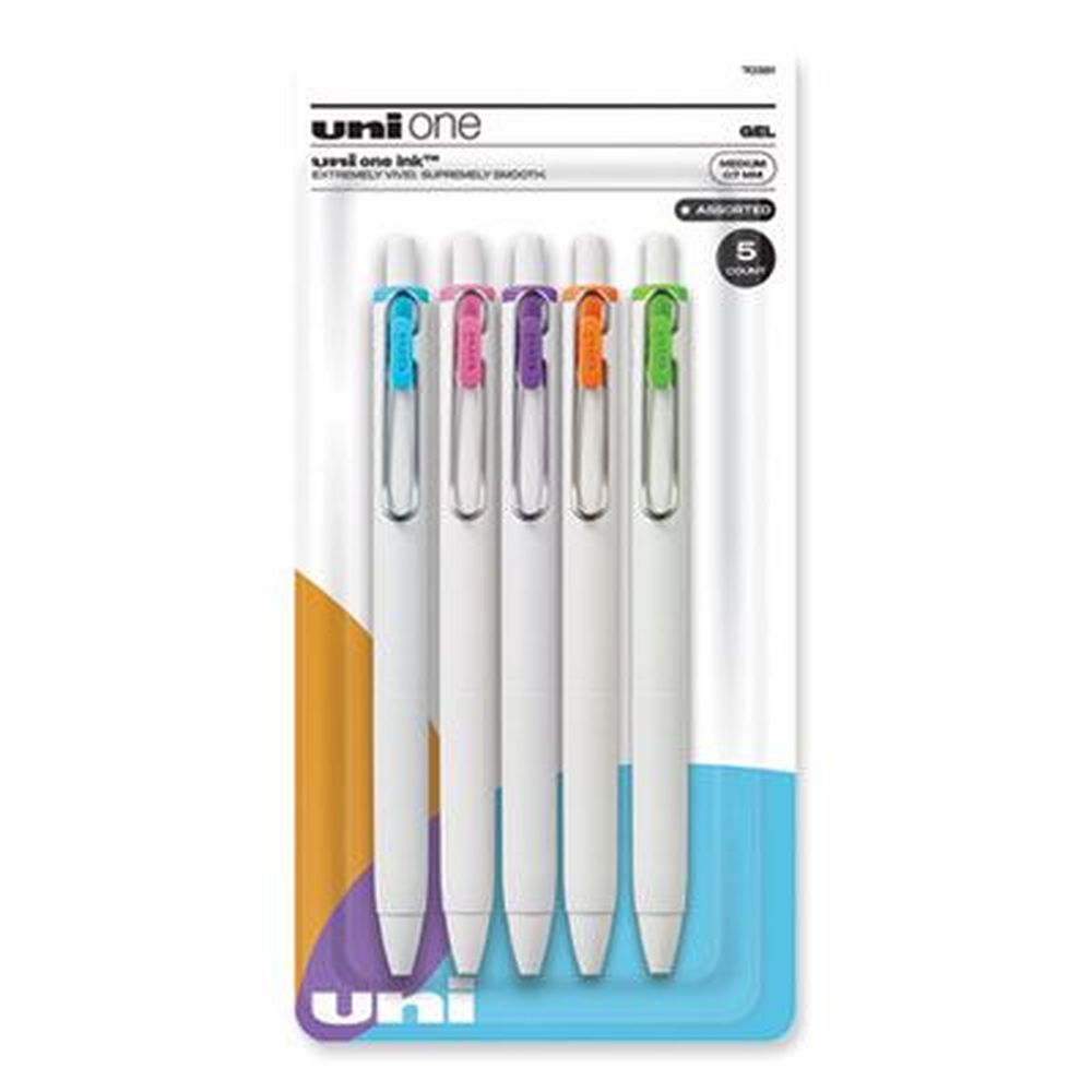 Uniball Unione Medium 0.7 Mm Retractable White Barrel Gel Pen -- 5 Per Pack