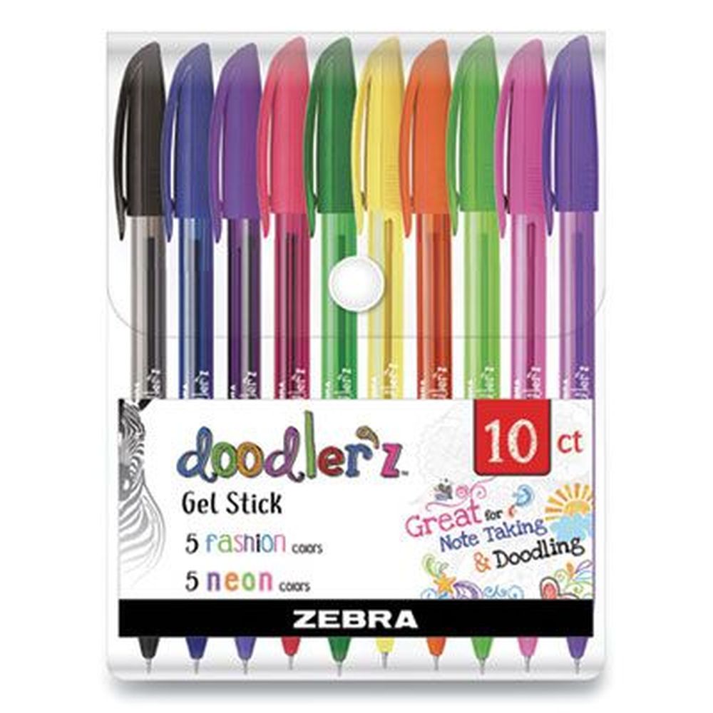 Zebra Bold 1 Mm Assorted Fashion/neon Ink And Barrel Colors Doodlerz Gel Pen Stick -- 10 Per Pack