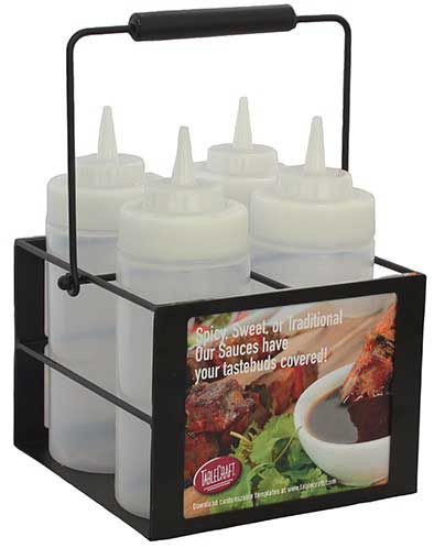 Tablecraft Black Powder Coated Metal Squeeze Bottle Caddy With Handle - Holds 4 63mm Bottles, 7.25 X 7.25 X 4.875 Inch -- 2 Per Case