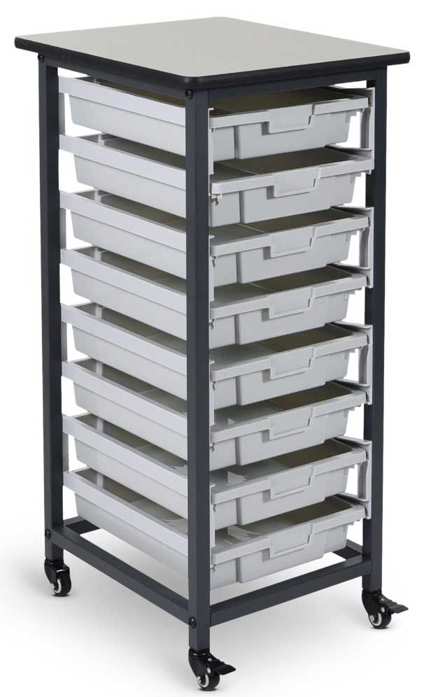 Luxor Mobile Bin Storage Unit With Single Row And Small Gray Bins, 17.125 X 20 X 37.5 Inch