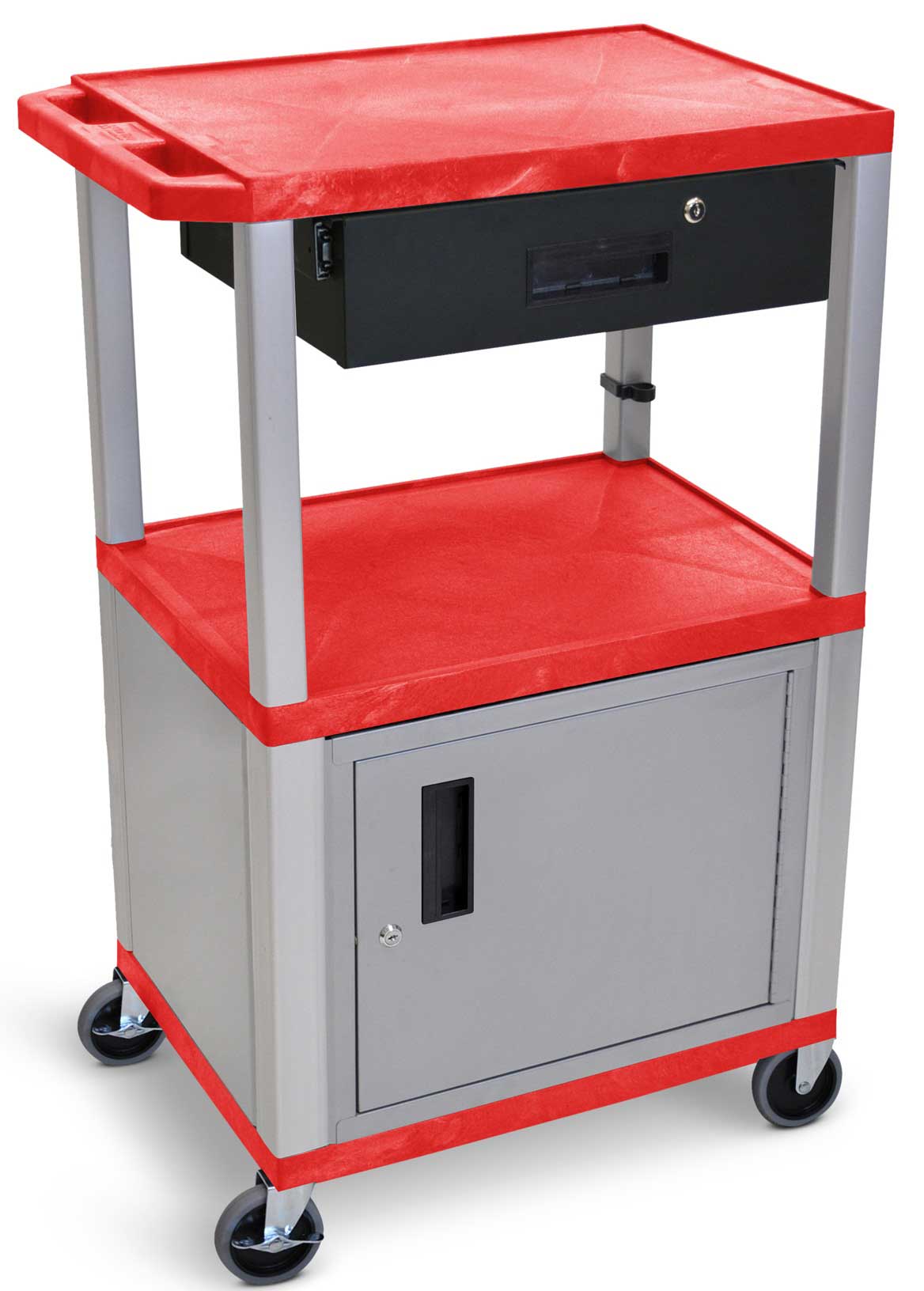 Luxor Tuffy Red 3-shelf Multi-purpose Utility Cart With Cabinet, Electric Assembly, Locking Drawer And Nickel Legs, 24 X 18 X 42.5 Inch
